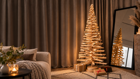 wooden Christmas tree with rotating beech rods in a modern interior