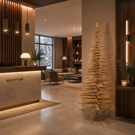 Handmade wooden Christmas tree with rotating branches and natural wood design