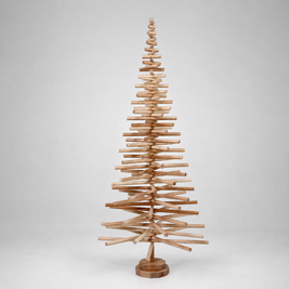 Handmade wooden Christmas tree with rotating branches and natural wood design