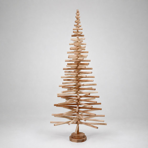 Handmade wooden Christmas tree with rotating branches and natural wood design