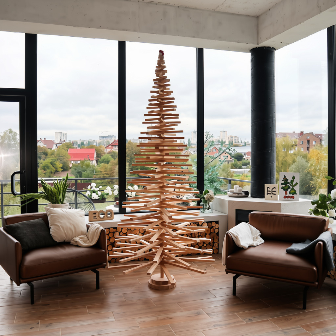 Handmade wooden Christmas tree with rotating branches and natural wood design