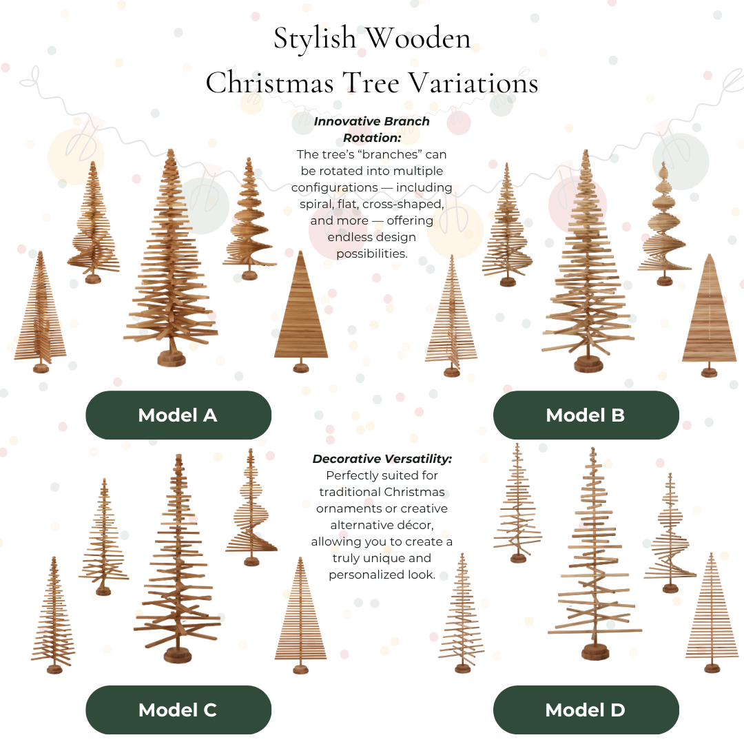 Handmade wooden Christmas tree with rotating branches and natural wood design