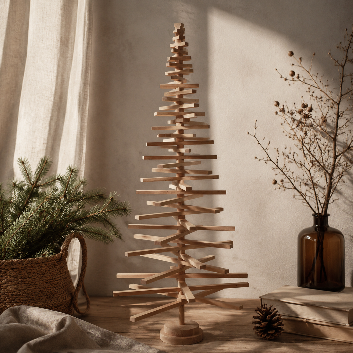 A minimalist wooden geometric Christmas tree sculpture made of layered horizontal slats on a round base, styled on a tabletop with books, a pinecone, a woven basket with greenery, and dried branches in an amber glass vase against a warm beige wall.