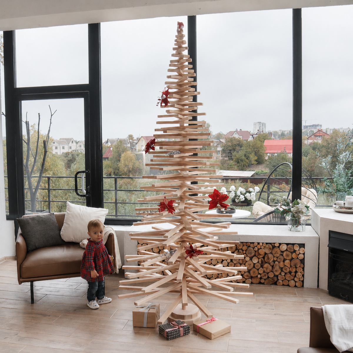 Handmade wooden Christmas tree with rotating branches and natural wood design