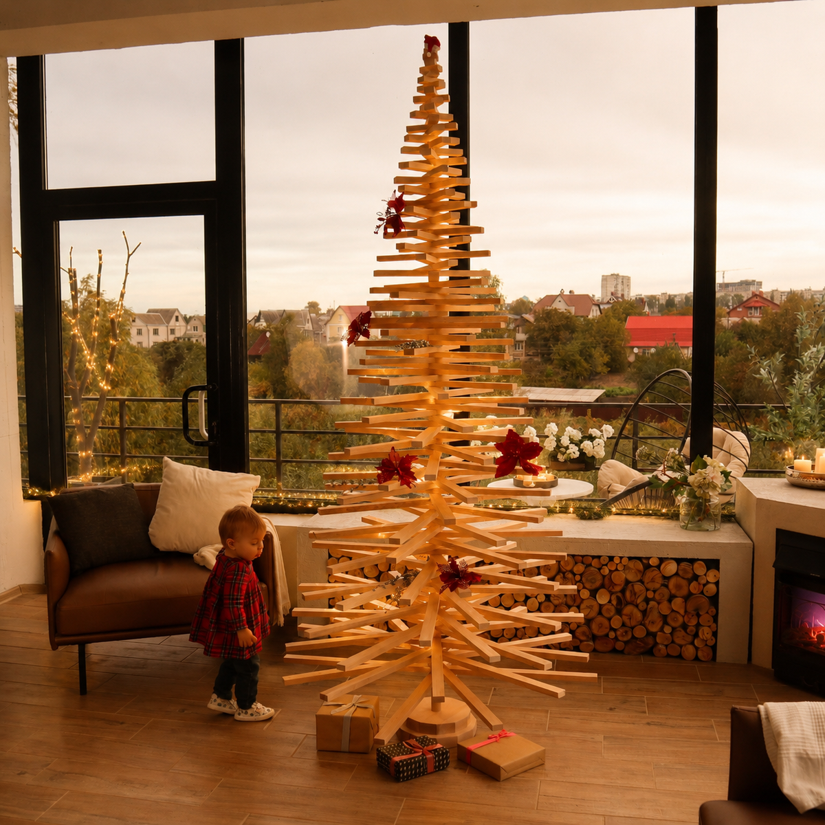 Handmade wooden Christmas tree with rotating branches and natural wood design