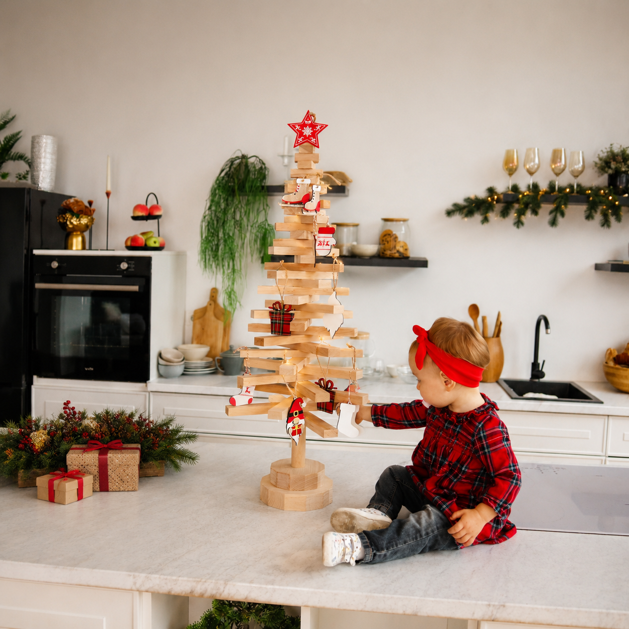 Handmade wooden Christmas tree with rotating branches and natural wood design
