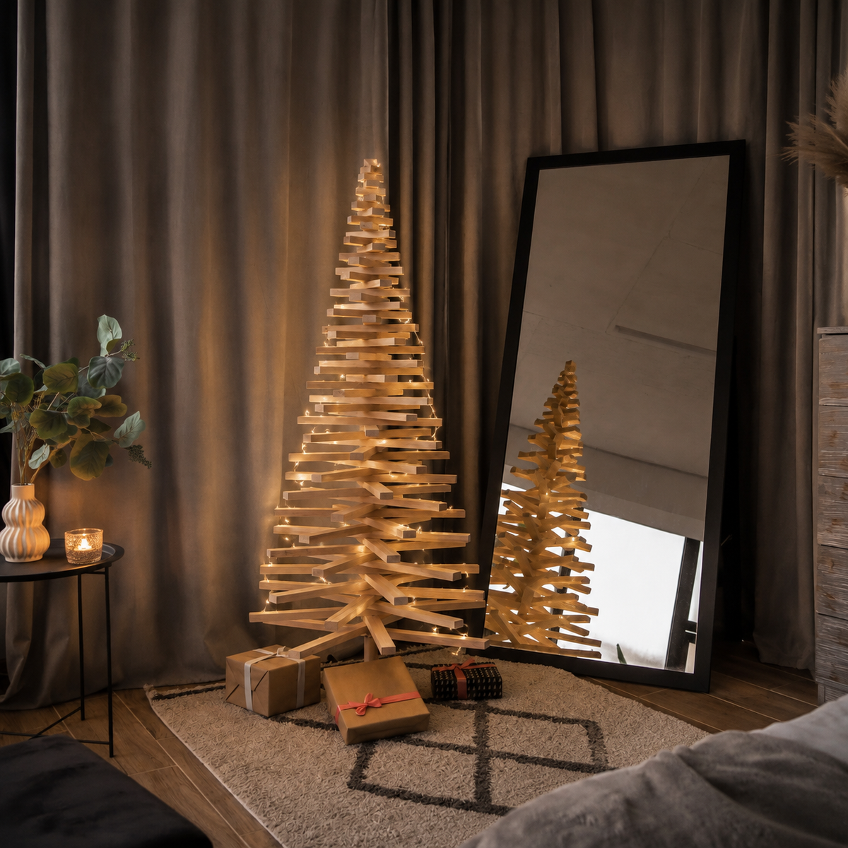 Handmade wooden Christmas tree with rotating branches and natural wood design