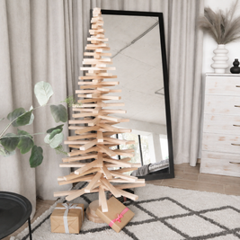 Handmade wooden Christmas tree with rotating branches and natural wood design