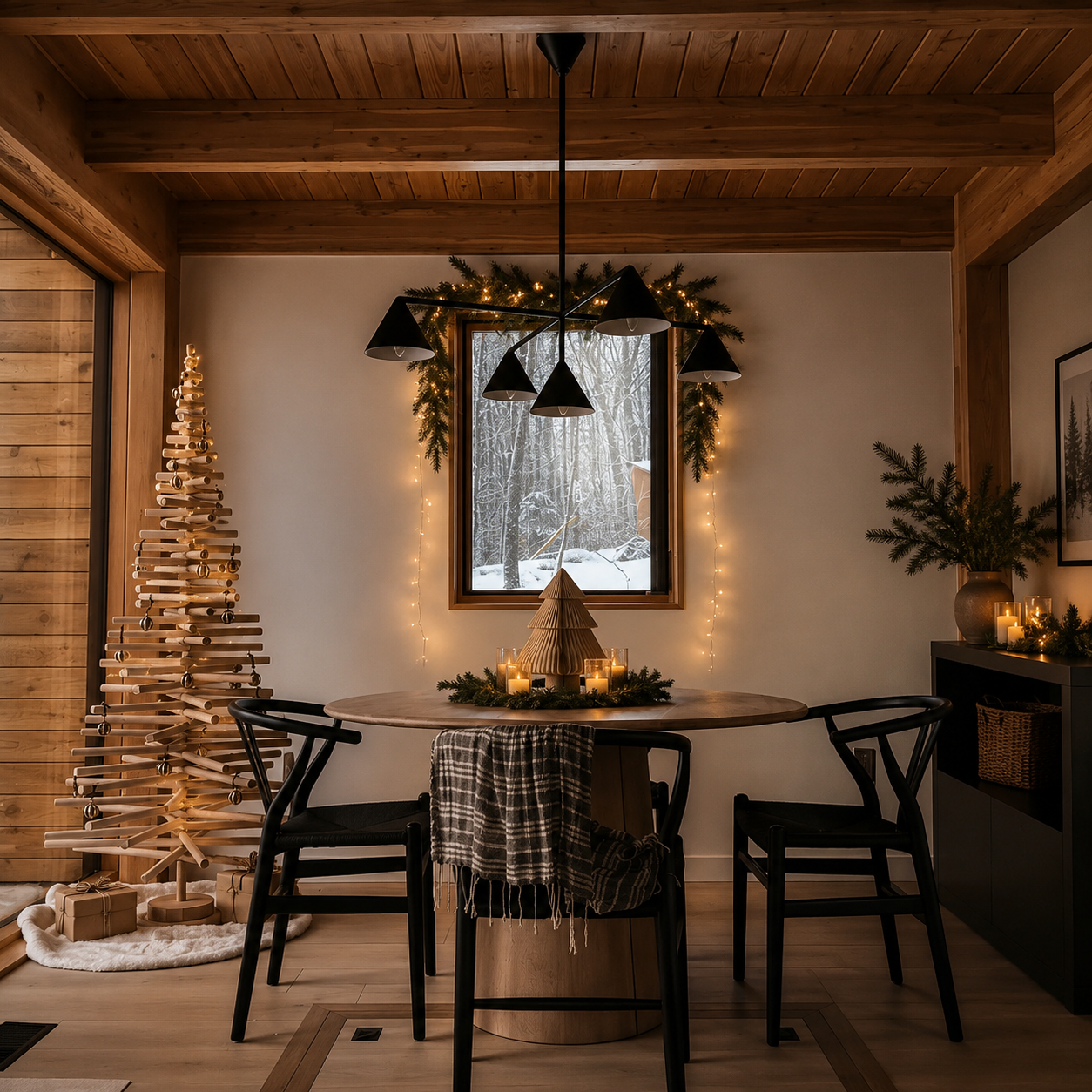 Handmade wooden Christmas tree with rotating branches and natural wood design