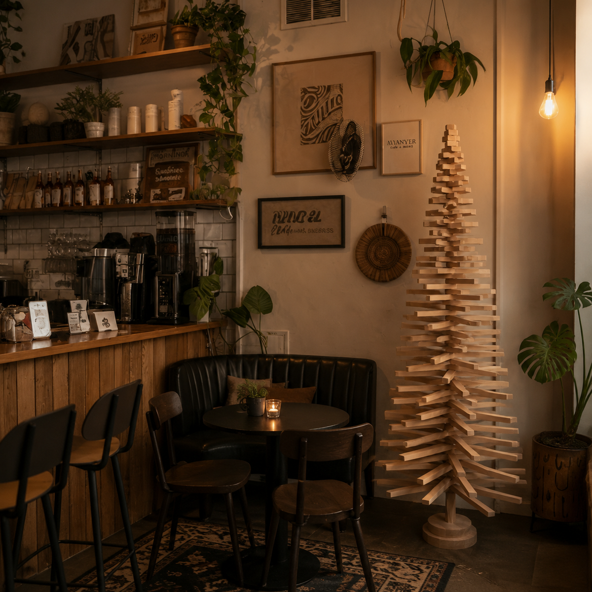 Handmade wooden Christmas tree with rotating branches and natural wood design