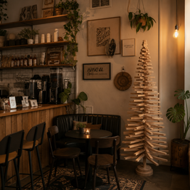 Handmade wooden Christmas tree with rotating branches and natural wood design