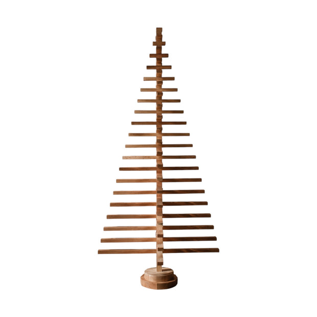 Handmade wooden Christmas tree with rotating branches and natural wood design