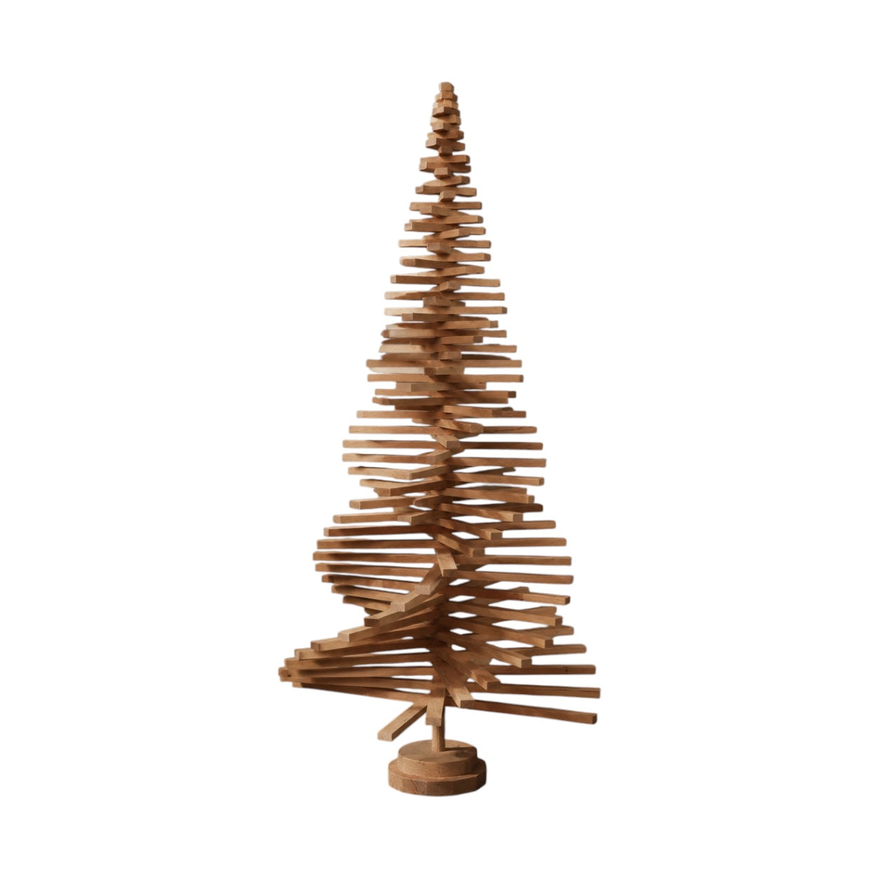 Handmade wooden Christmas tree with rotating branches and natural wood design