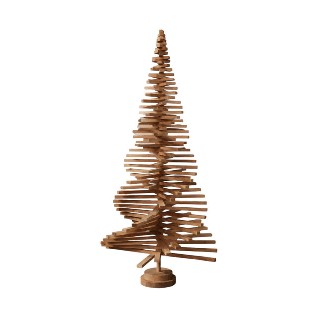 Handmade wooden Christmas tree with rotating branches and natural wood design