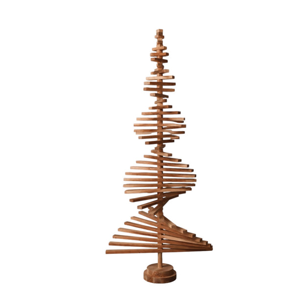 Handmade wooden Christmas tree with rotating branches and natural wood design
