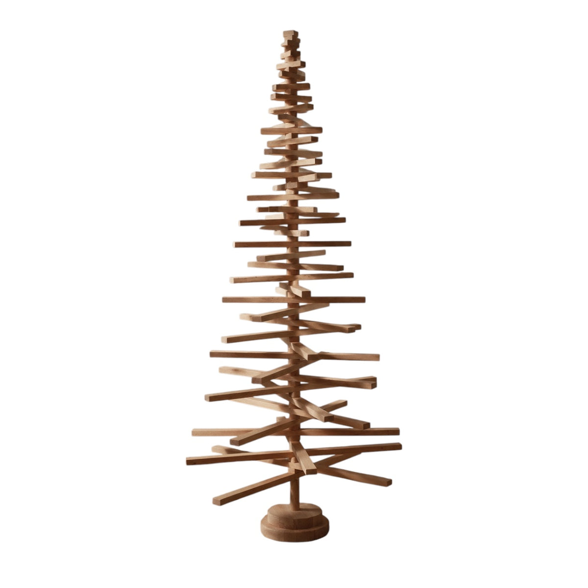 Handmade wooden Christmas tree with rotating branches and natural wood design