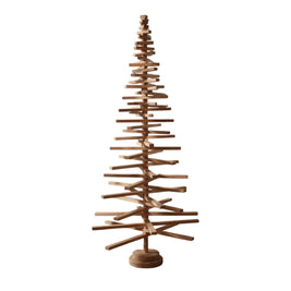 Handmade wooden Christmas tree with rotating branches and natural wood design