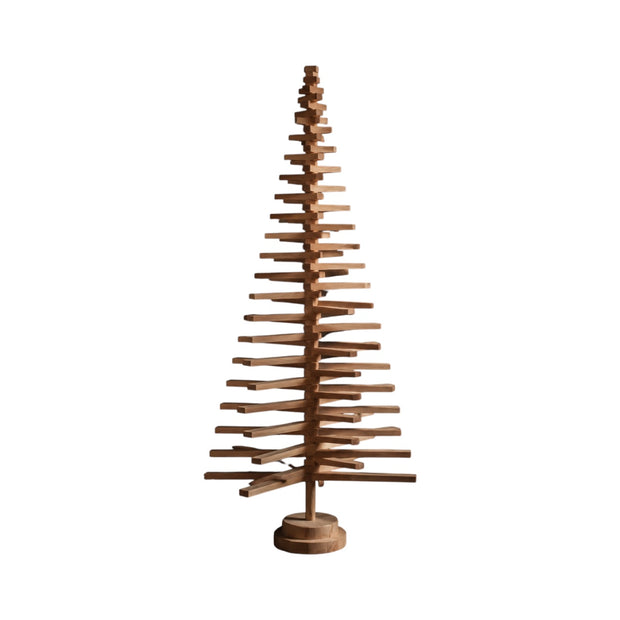 Handmade wooden Christmas tree with rotating branches and natural wood design