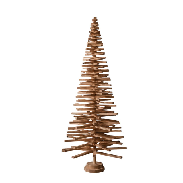 Handmade wooden Christmas tree with rotating branches and natural wood design