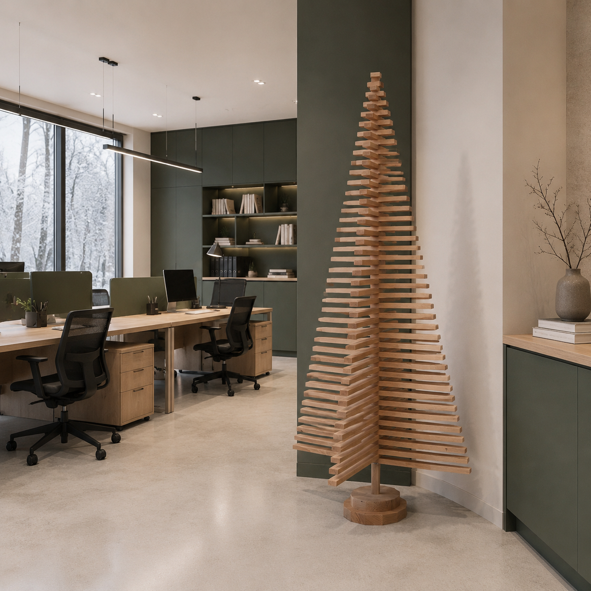 Handmade wooden Christmas tree with rotating branches and natural wood design