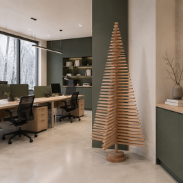 Handmade wooden Christmas tree with rotating branches and natural wood design