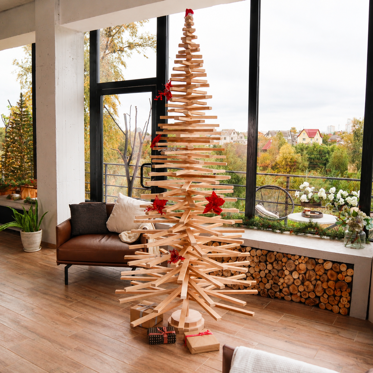 Handmade wooden Christmas tree with rotating branches and natural wood design