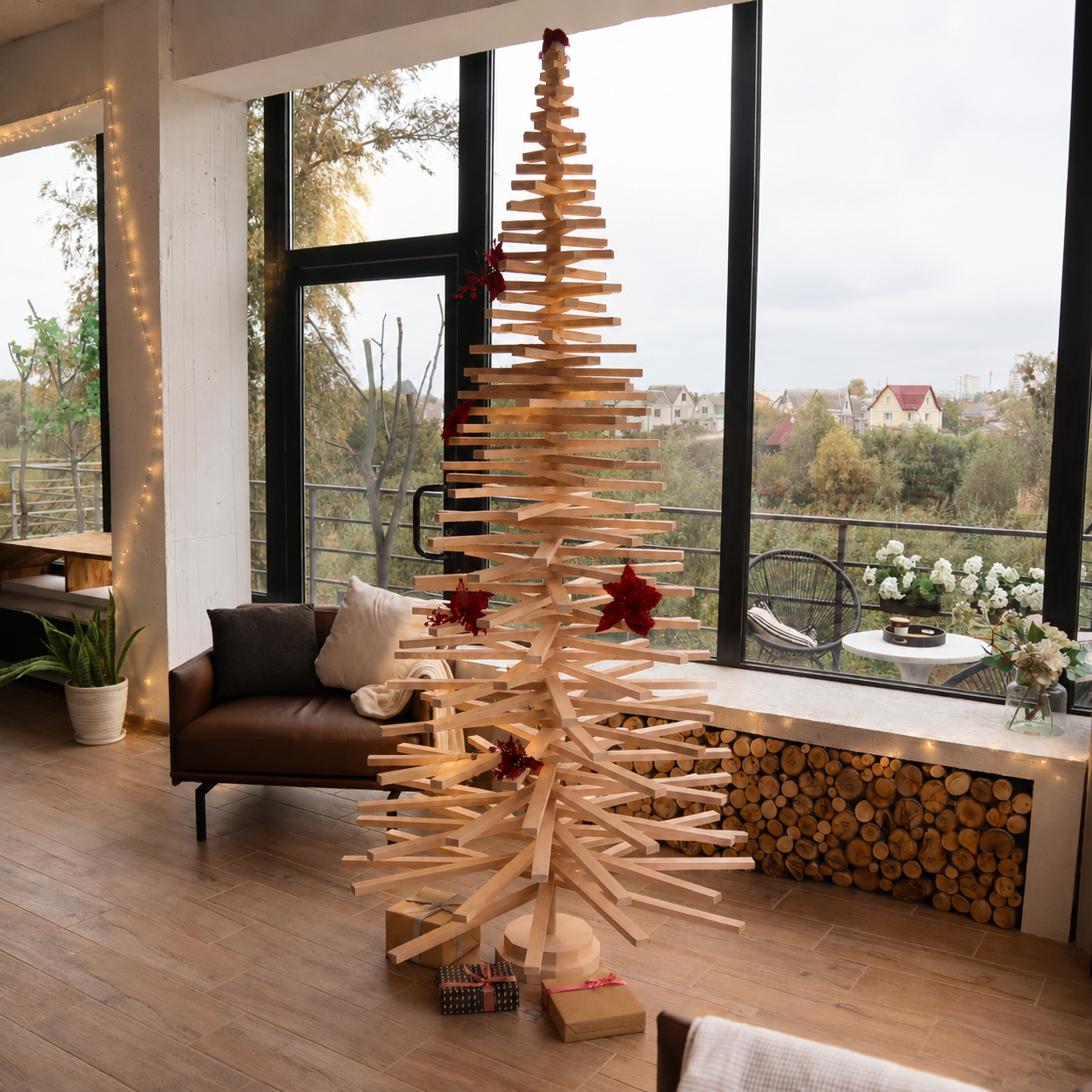 Handmade wooden Christmas tree with rotating branches and natural wood design
