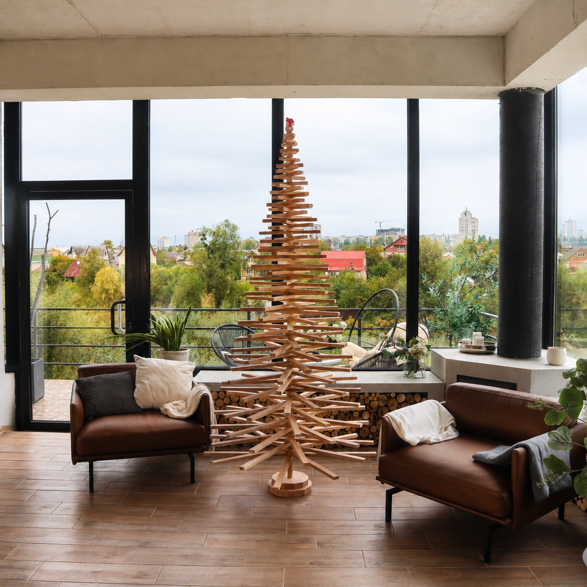 Handmade wooden Christmas tree with rotating branches and natural wood design