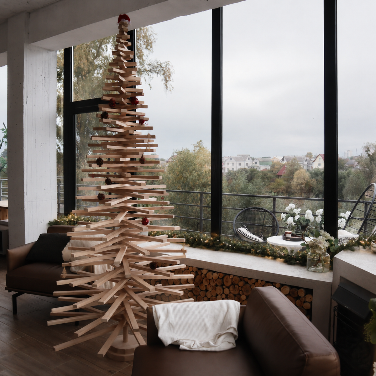 Handmade wooden Christmas tree with rotating branches and natural wood design