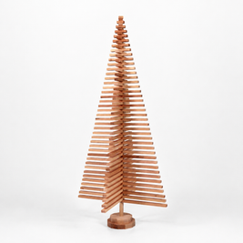 Handmade wooden Christmas tree with rotating branches and natural wood design