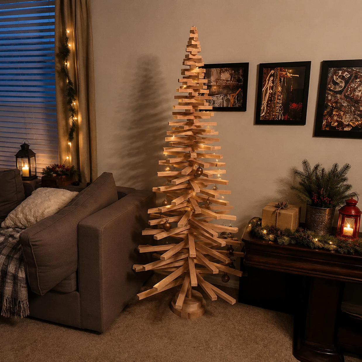 Handmade wooden Christmas tree with rotating branches and natural wood design