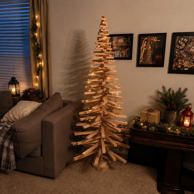 Handmade wooden Christmas tree with rotating branches and natural wood design