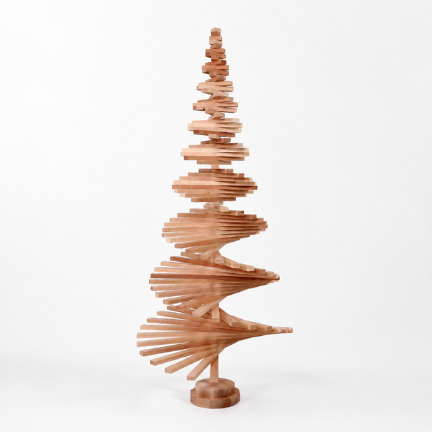 Handmade wooden Christmas tree with rotating branches and natural wood design