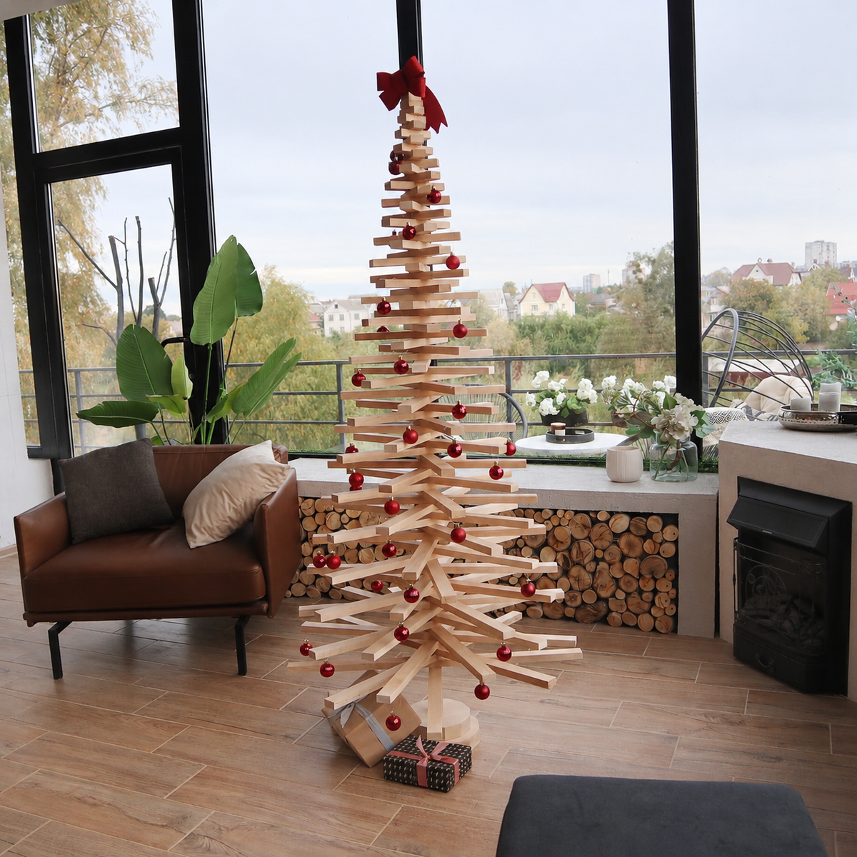 Handmade wooden Christmas tree with rotating branches and natural wood design