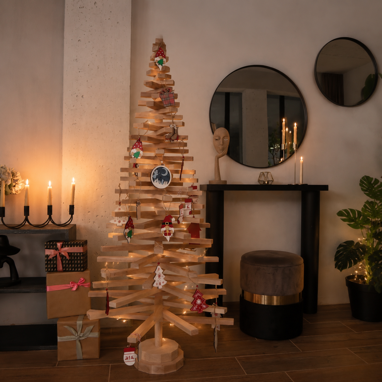 Handmade wooden Christmas tree with rotating branches and natural wood design