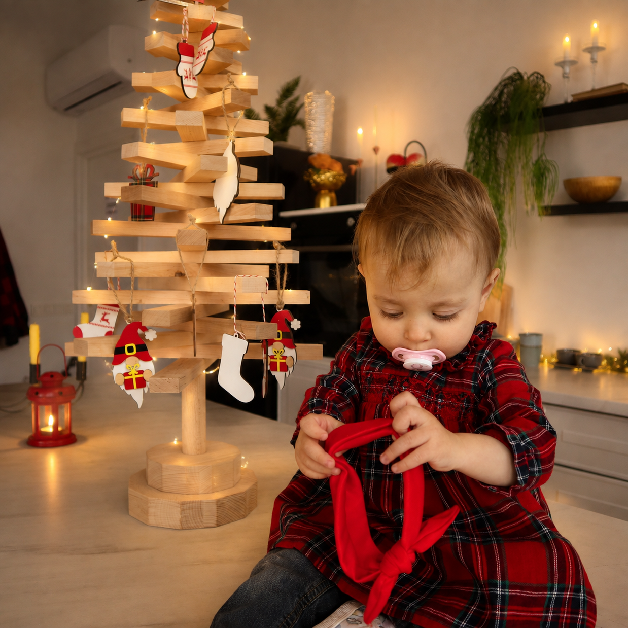 Handmade wooden Christmas tree with rotating branches and natural wood design