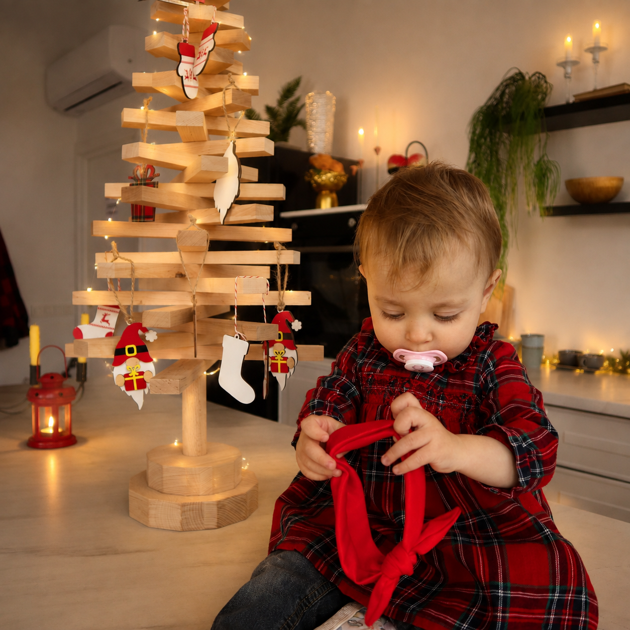 Handmade wooden Christmas tree with rotating branches and natural wood design