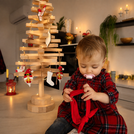 Handmade wooden Christmas tree with rotating branches and natural wood design