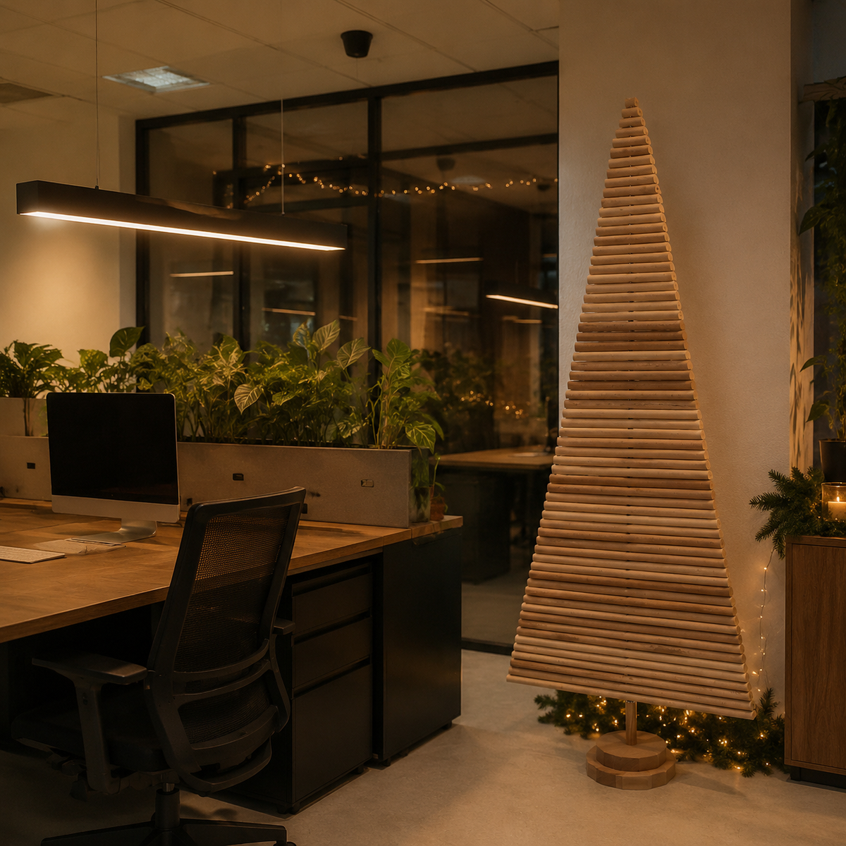 Handmade wooden Christmas tree with rotating branches and natural wood design