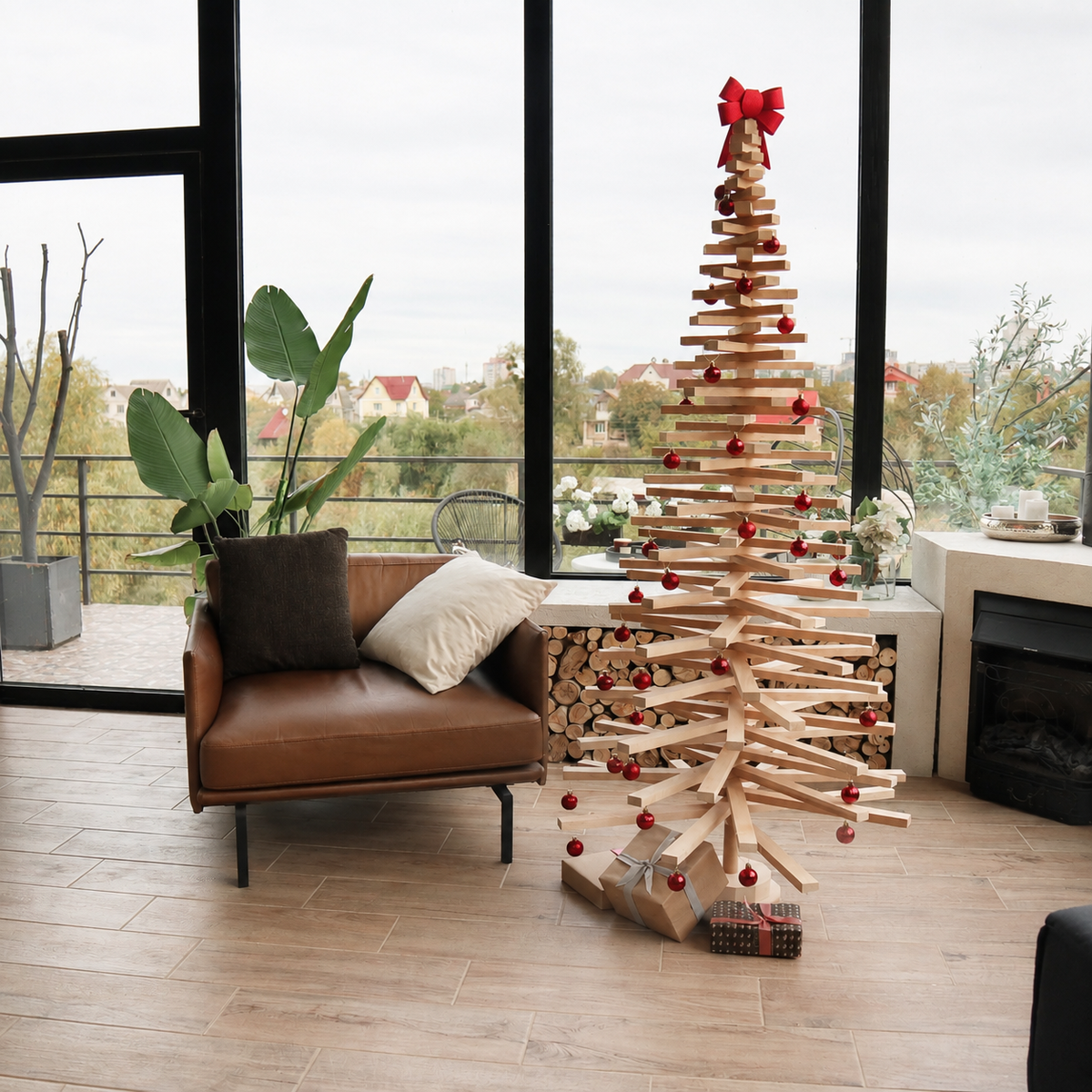 Handmade wooden Christmas tree with rotating branches and natural wood design