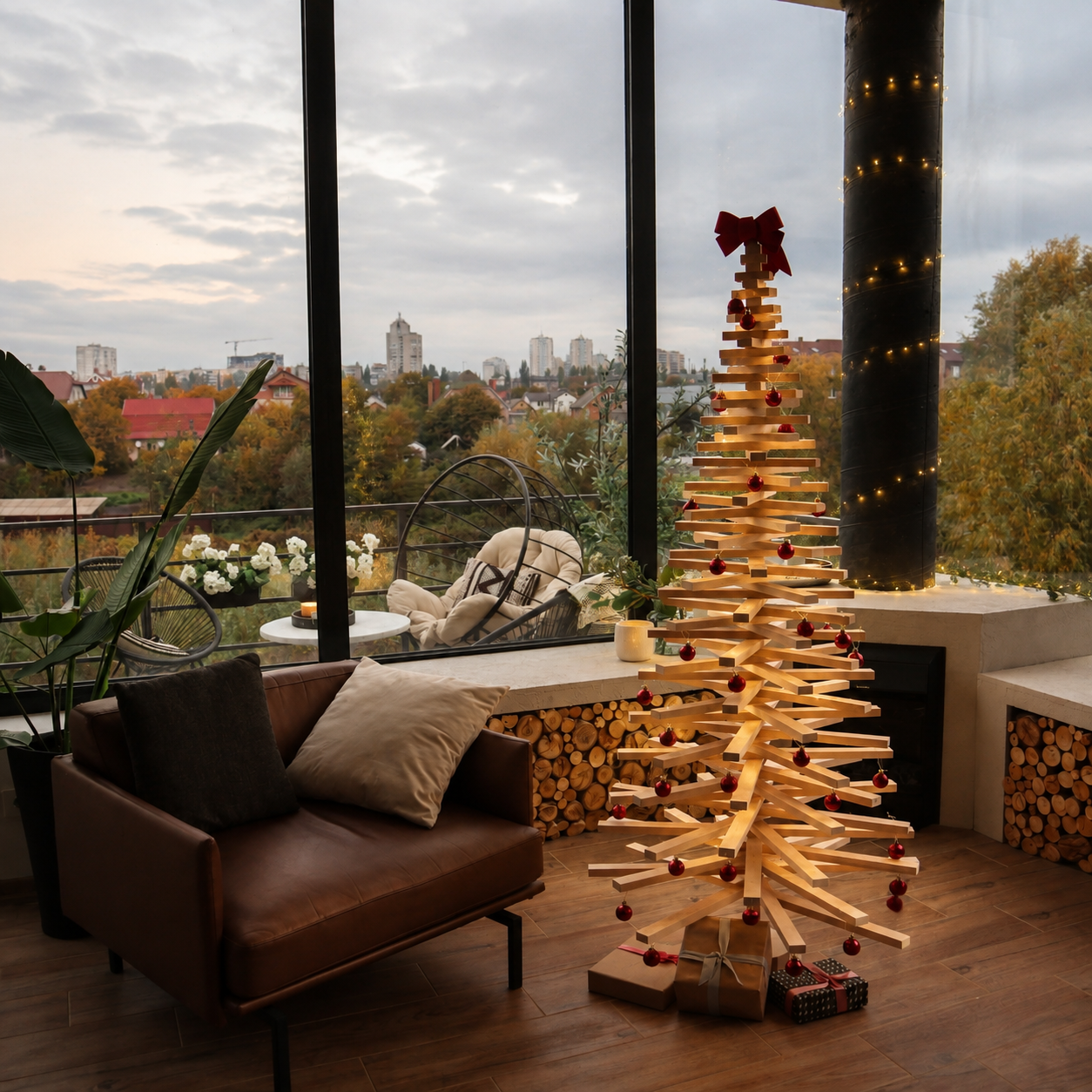 Handmade wooden Christmas tree with rotating branches and natural wood design