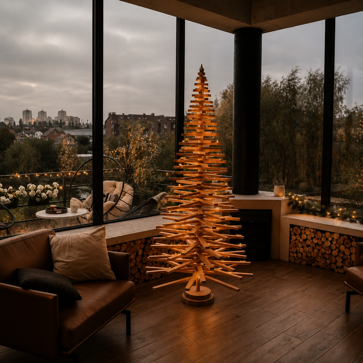 Handmade wooden Christmas tree with rotating branches and natural wood design