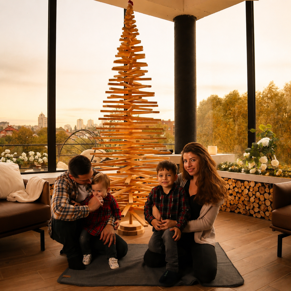 Handmade wooden Christmas tree with rotating branches and natural wood design