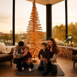 Handmade wooden Christmas tree with rotating branches and natural wood design