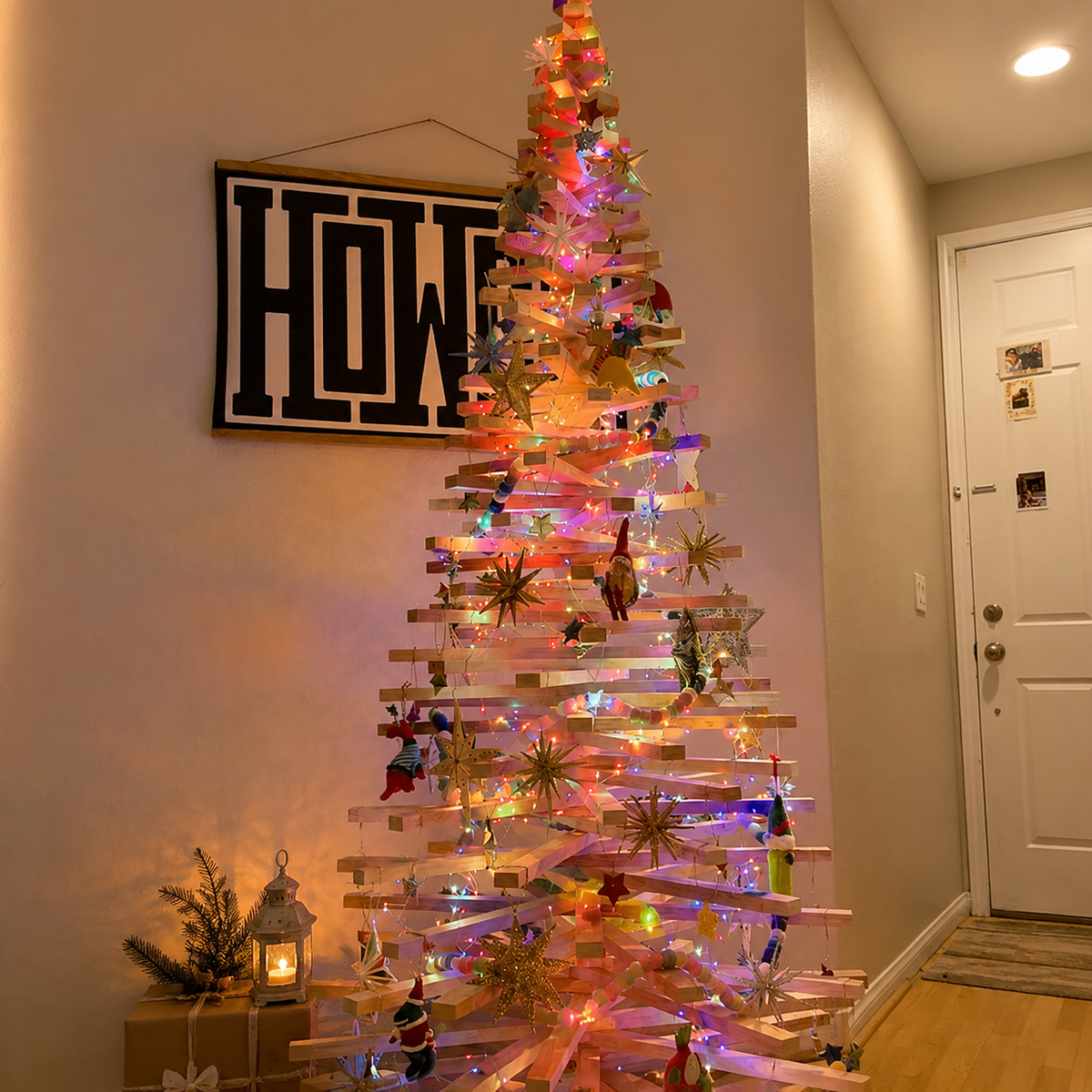 Handmade wooden Christmas tree with rotating branches and natural wood design