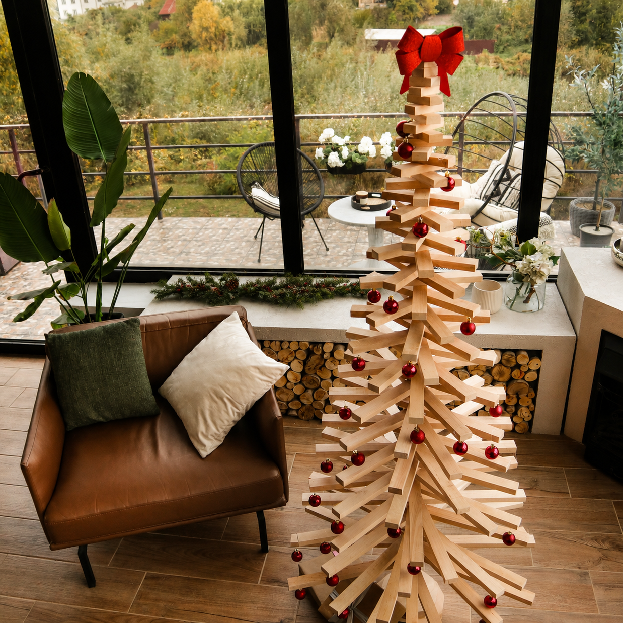 Handmade wooden Christmas tree with rotating branches and natural wood design