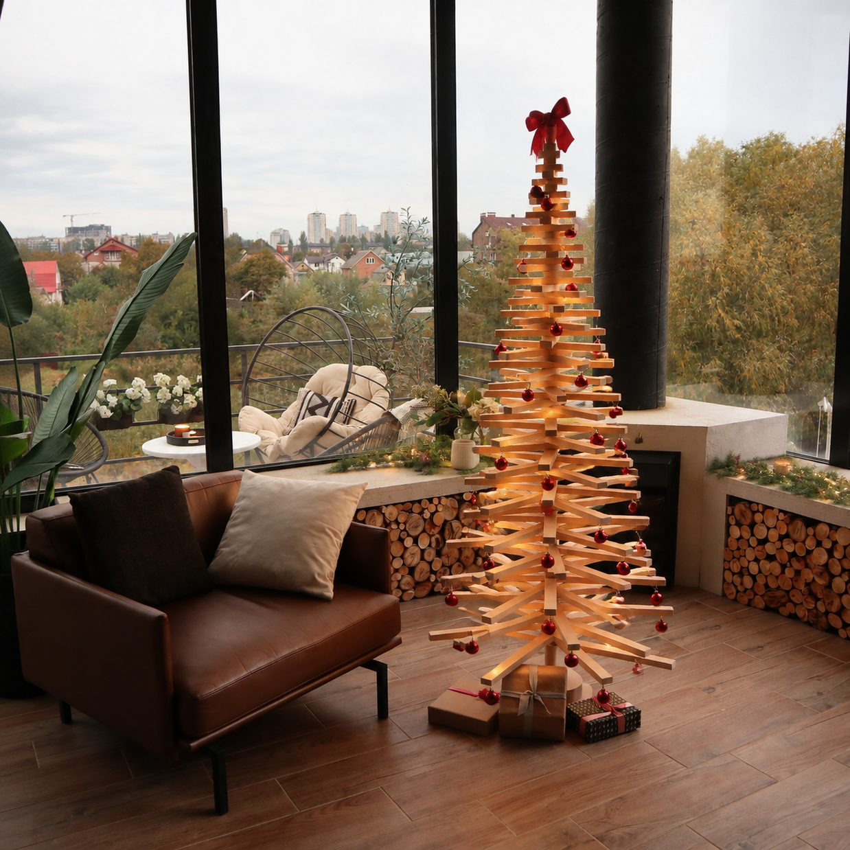 Handmade wooden Christmas tree with rotating branches and natural wood design