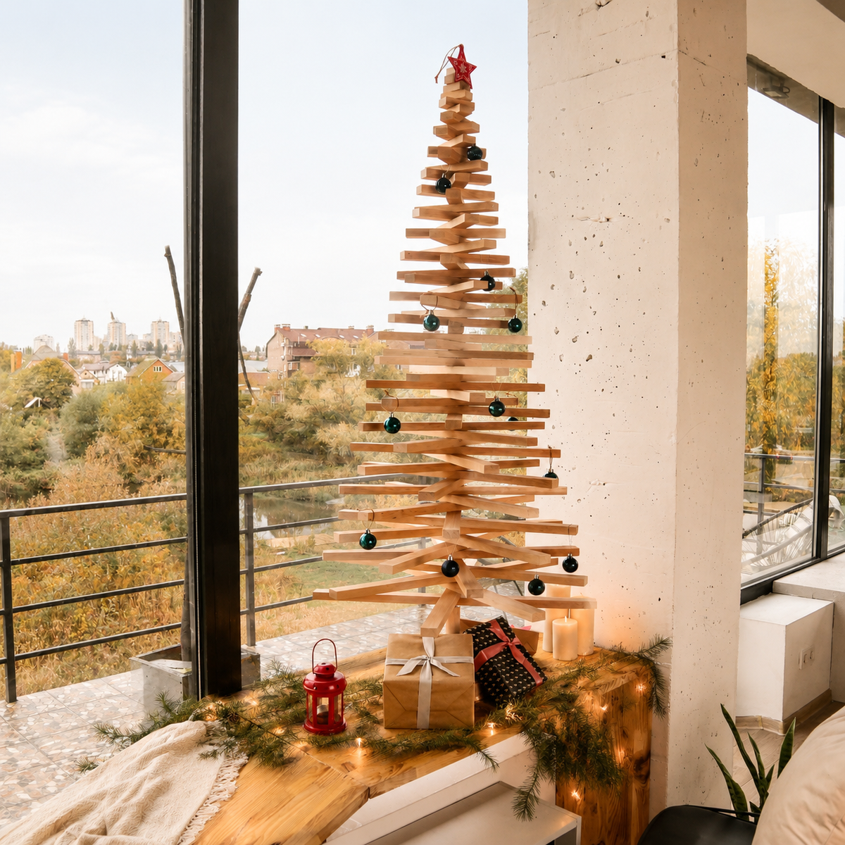 Handmade wooden Christmas tree with rotating branches and natural wood design