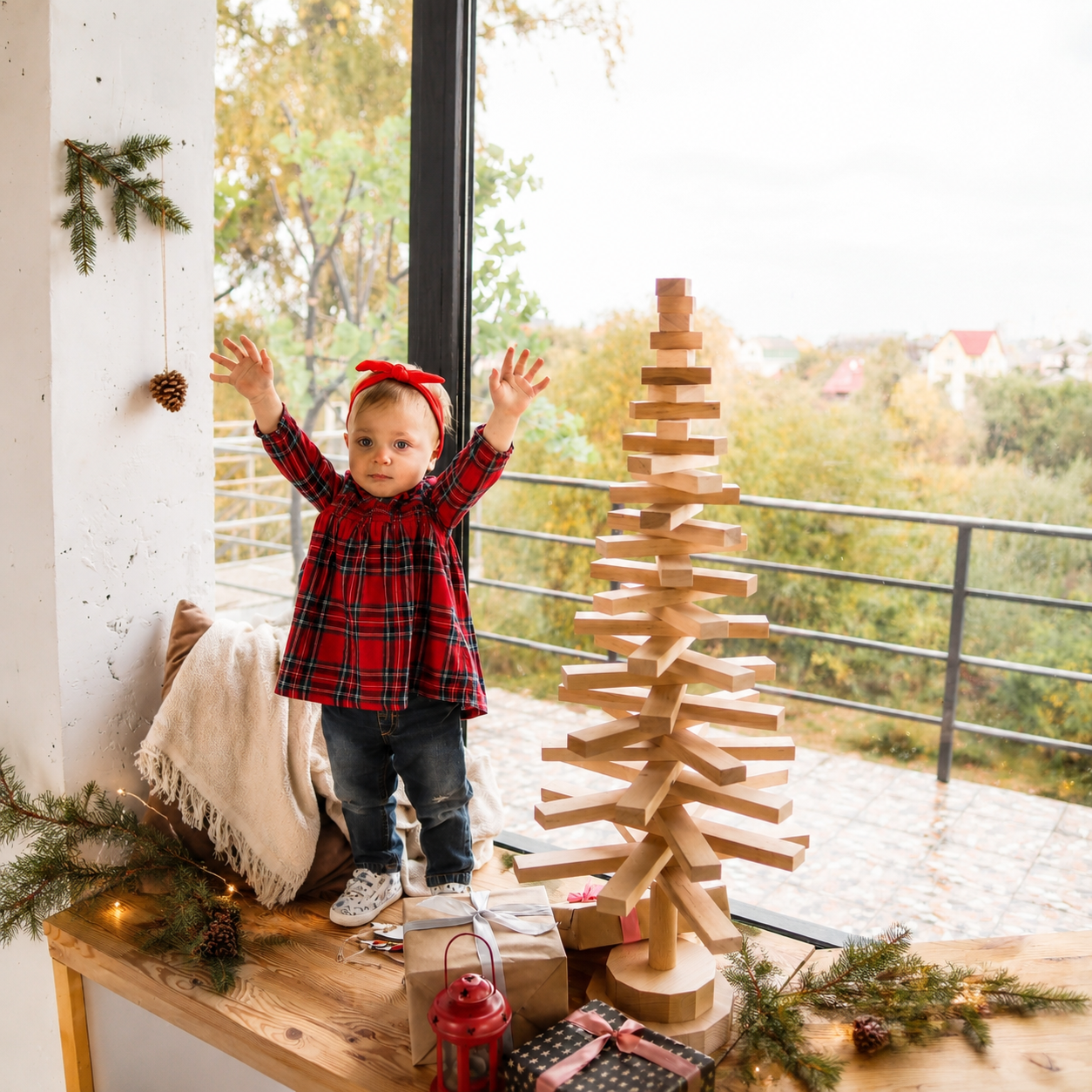 Handmade wooden Christmas tree with rotating branches and natural wood design
