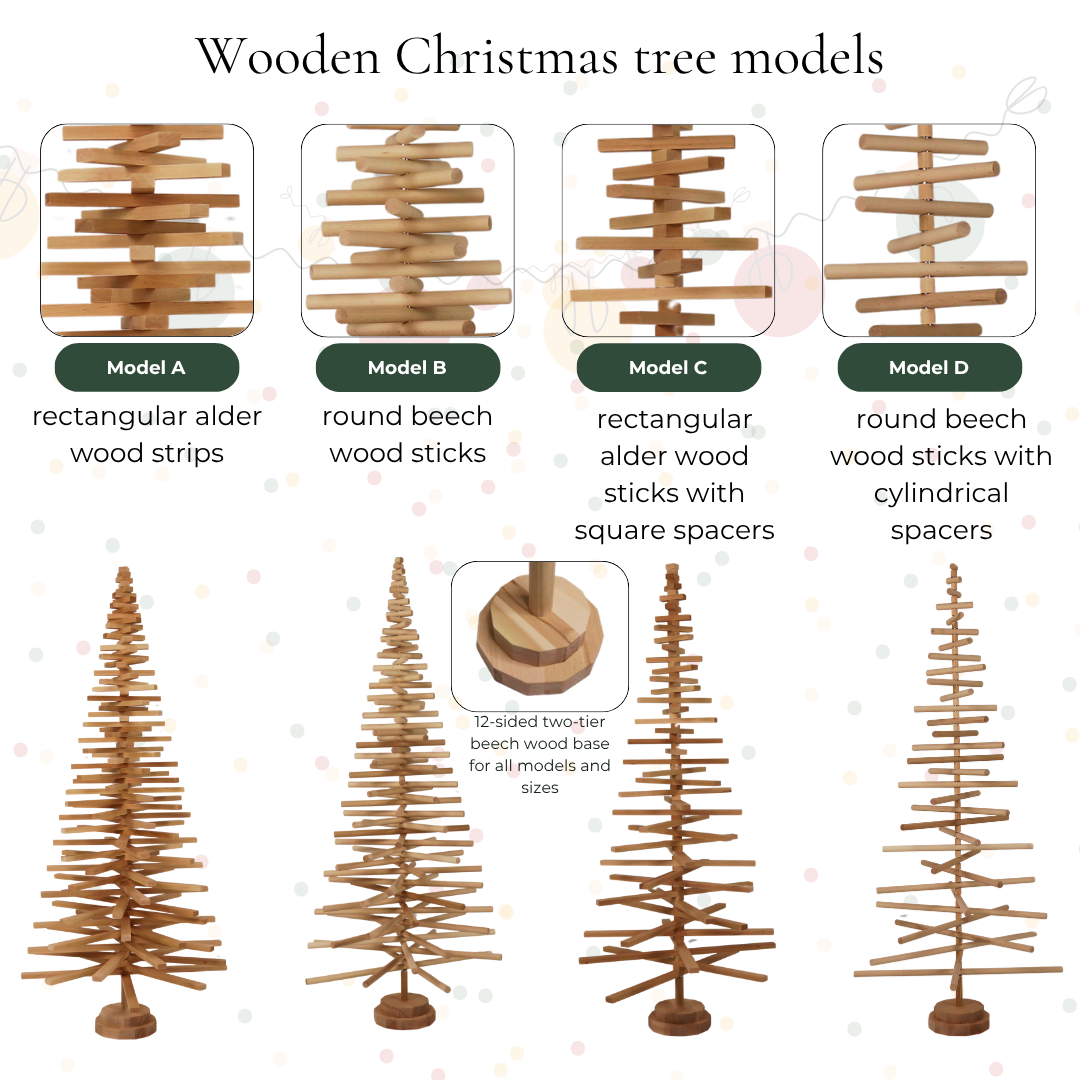 Handmade wooden Christmas tree with rotating branches and natural wood design